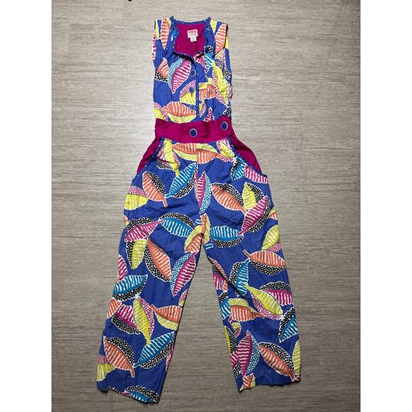 Vintage 80s Jeanne Marc Jumpsuit 4/5 P XS/S Cotton Knit Fall Leaves Pockets - Picture 1 of 10